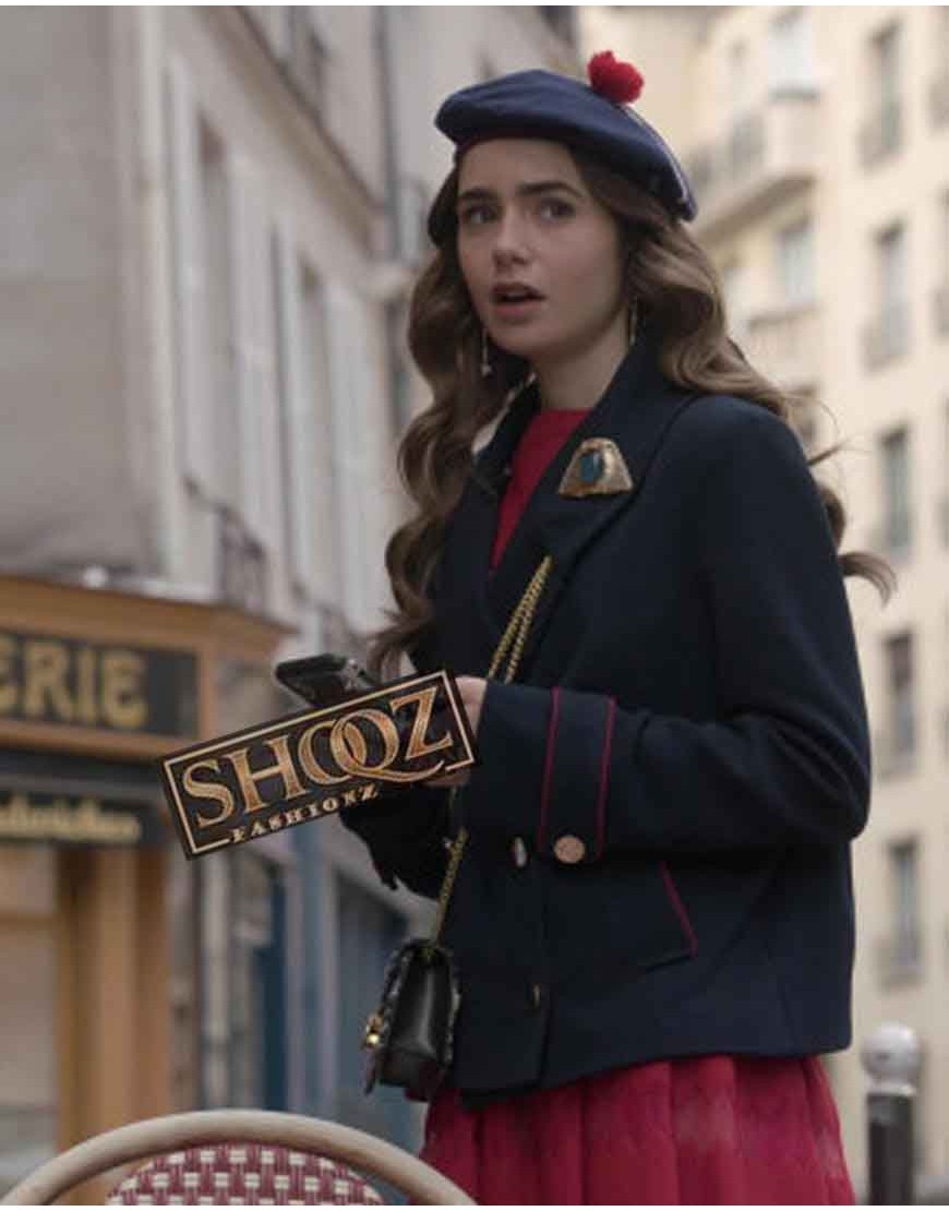 Lily Collins Emily In Paris Emily Cooper Blue Coat Lily Collins Emily In Paris Emily Cooper Blue Coat